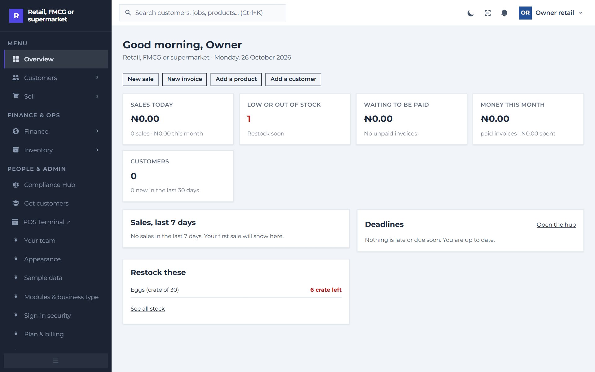 The Roundstack overview screen for a shop: sales today, low stock, customers and what to restock